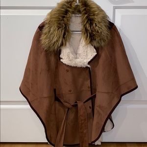Poncho with fur collar
